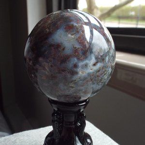 BEAUTIFUL 67 mm NATURAL POLISHED MOSS AGATE SPHERE  [001] (w/ Acrylic Stand)
